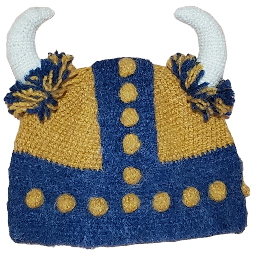 Hand Knit Horned Viking Hat - gold denim blue